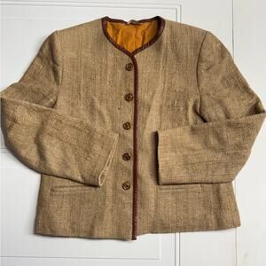 Vintage Liz Claiborne Burlap Cotton Faux Leather Trim Blazer Jacket Size 10